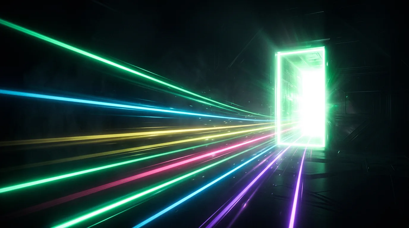 Colorful light paths converging toward a glowing doorway